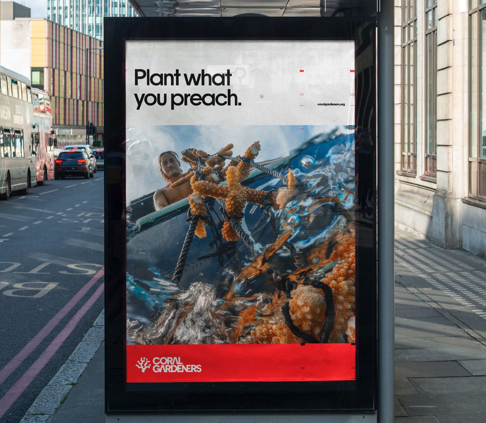 Bus shelter poster reading Plant what you preach