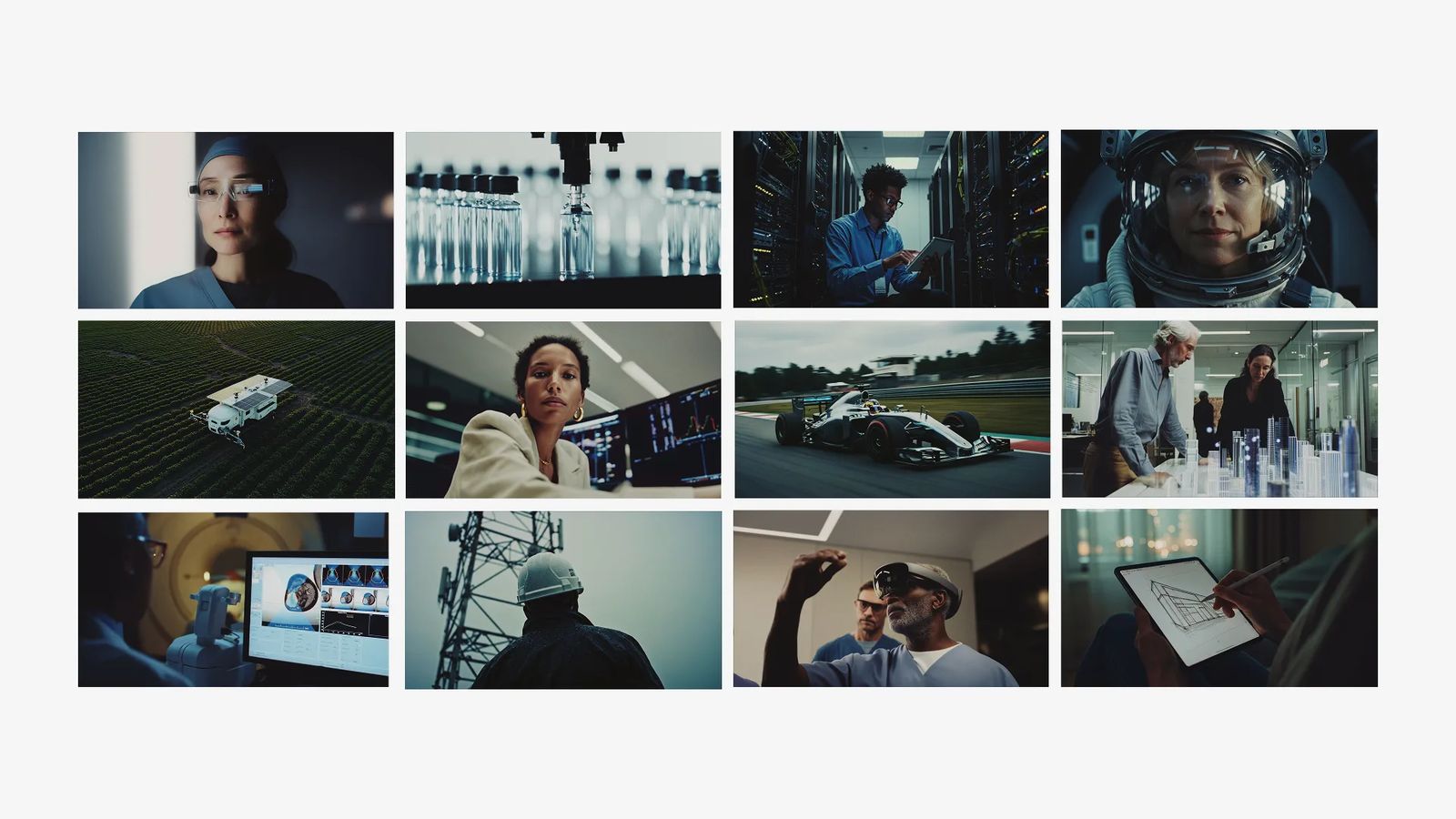 Twelve images from the AI-generated library: surgeons, labs, data centers, farming, racing