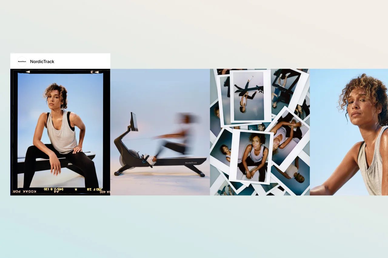 NordicTrack posts: an athlete on film, a rower in motion, a spread of Polaroids