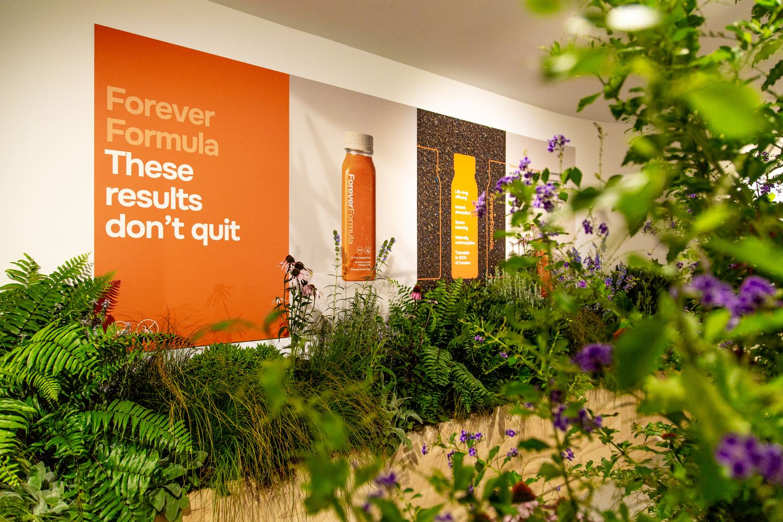 Forever Formula poster wall reading These results don't quit, behind a bed of wildflowers